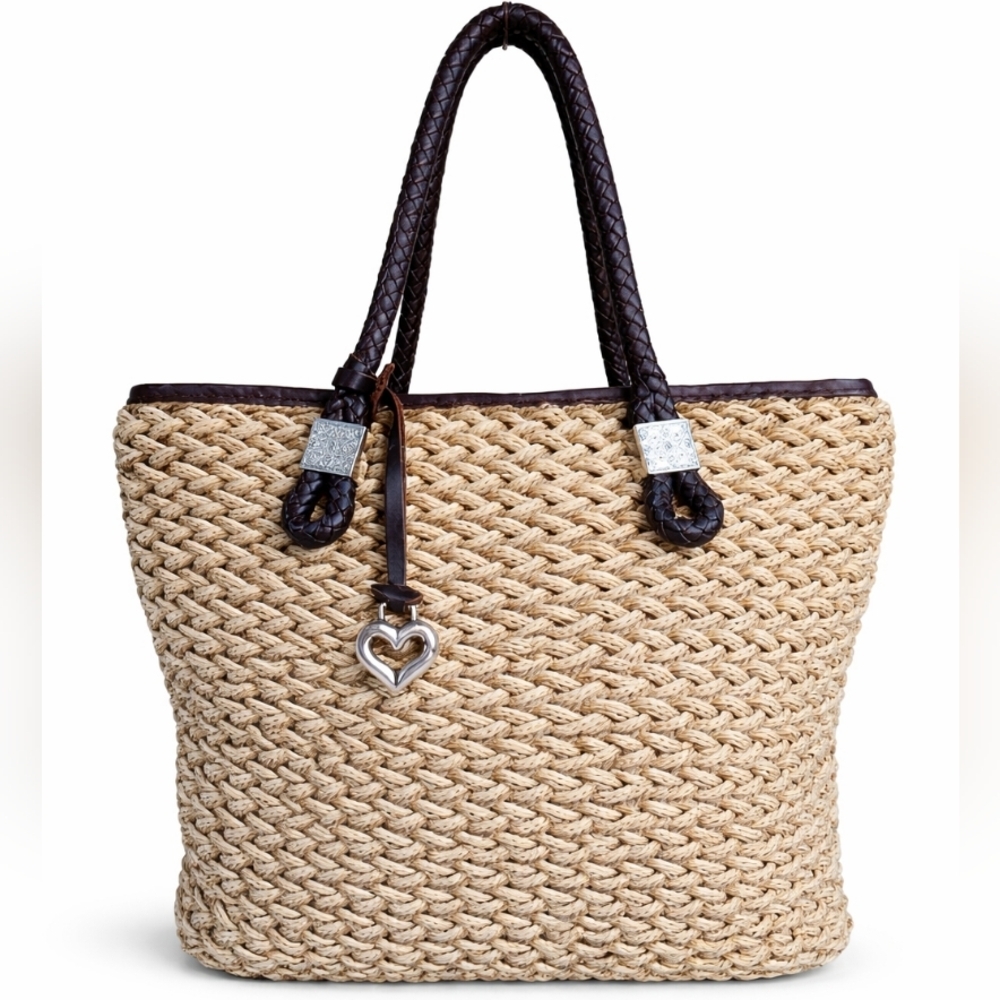 Brighton Woven Macramé Straw Tote w/ Braided Leather Handles & Heart Charm
